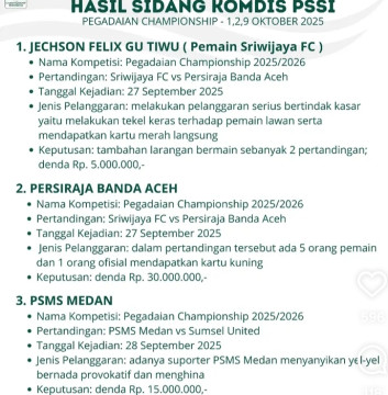 Hasil sidang Komdis PSSI terkait sanksi denda yang didapat oleh PSMS Medan. [Instagram]